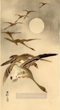  vuelan Pintura Art%c3%adstica - Ocho gansos de frente blanca en vuelo de luna llena detrás de Ohara Koson Shin hanga